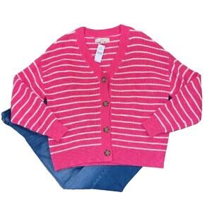 NWT LOFT Neon Pink and White Striped Relaxed V-Neck Cardigan